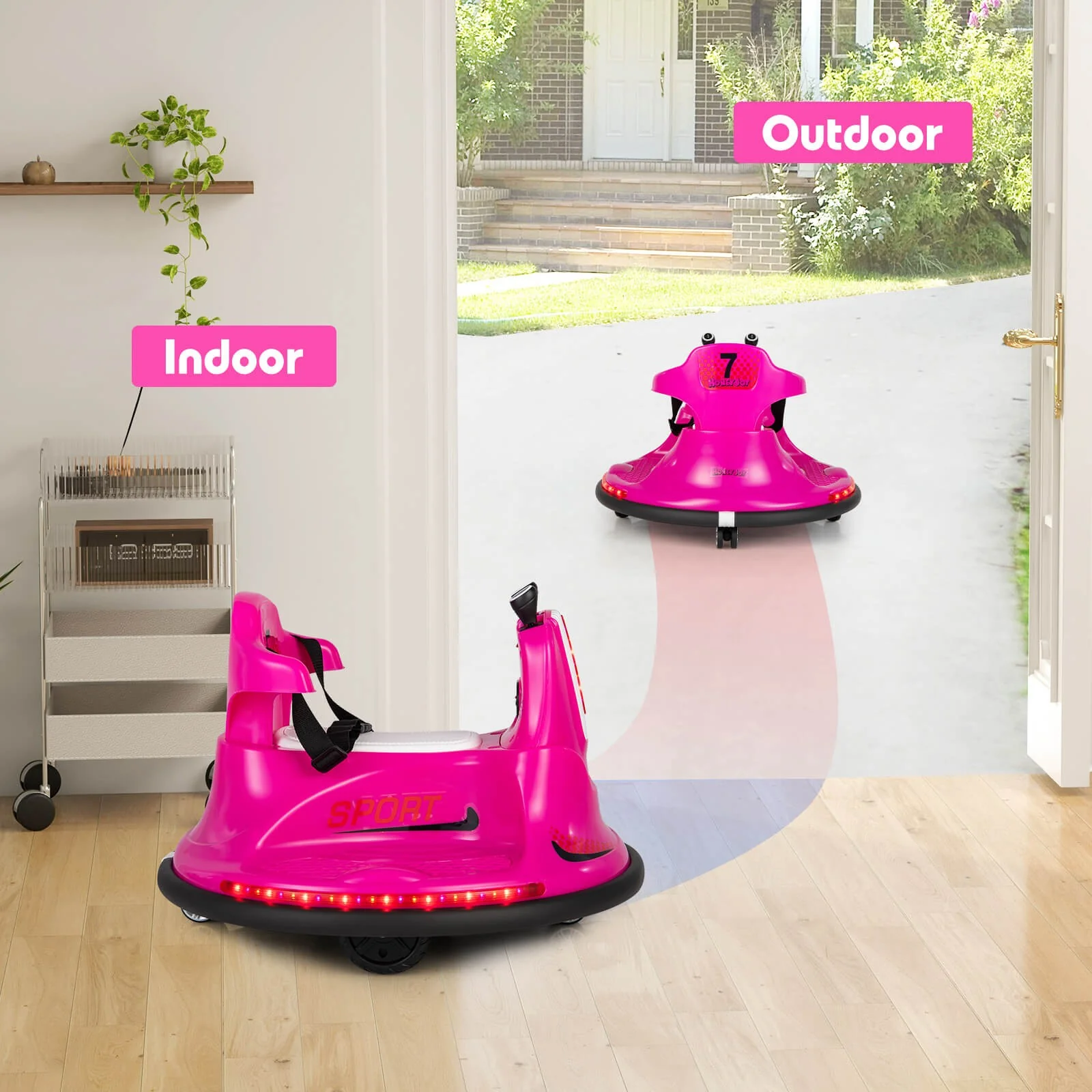 12V Electric Pink Bumper Ride-On Car for Kids and Toddlers with 360 Degree Spin - Image 3