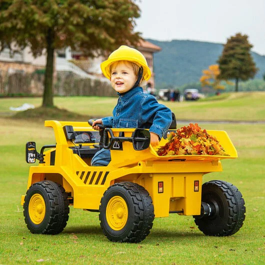 12V Licensed Kids Ride-On Caterpillar Dump Truck with Tiltable Bump Bed Yellow - Image 2