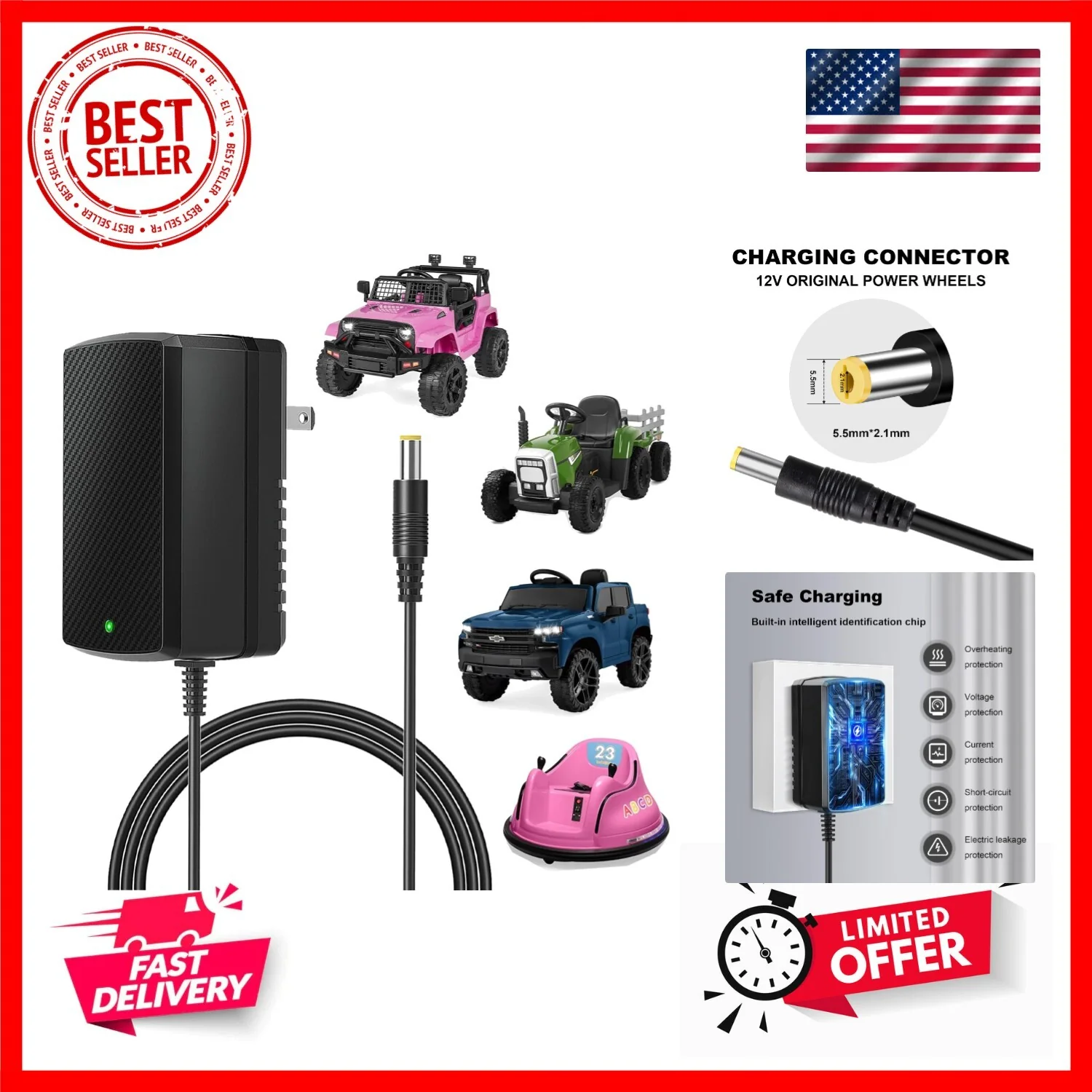 12V Charger for Kids Ride-On Cars Compatible with SUV Kid Trax and Dynacraft Toys - Image 9
