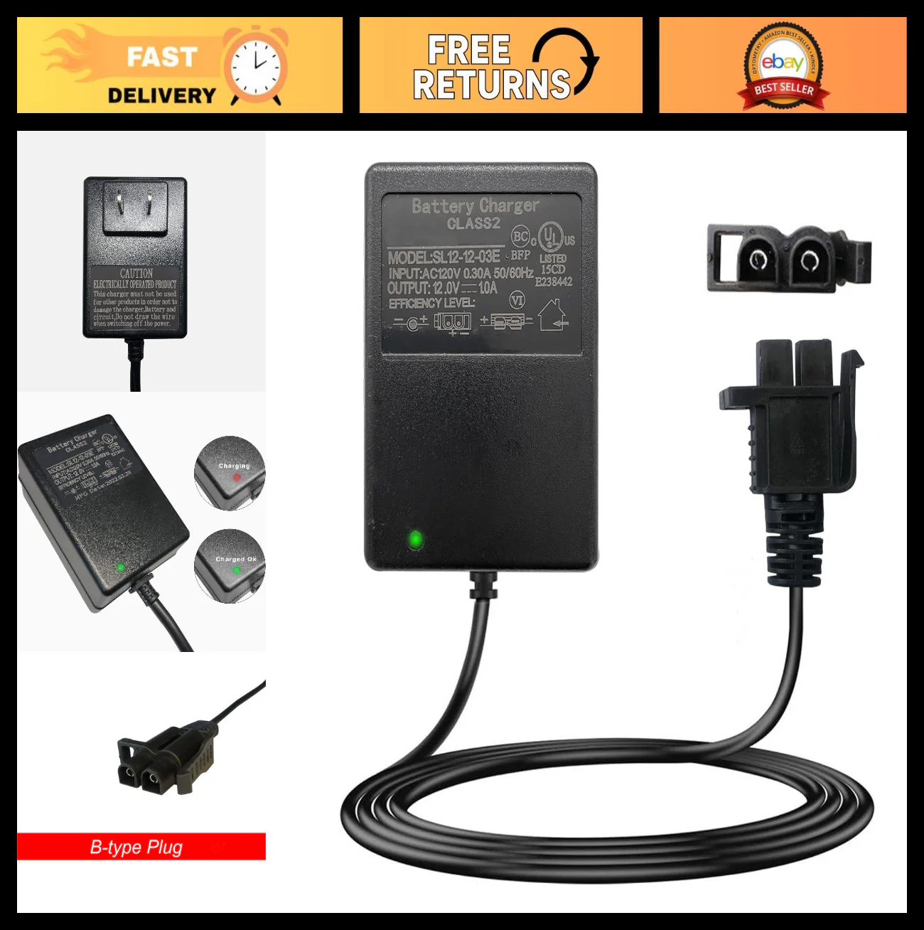 12V Charging Adapter for Kids' Ride-On Vehicles, Yamaha Raptor, and Toyota FJ Cruiser