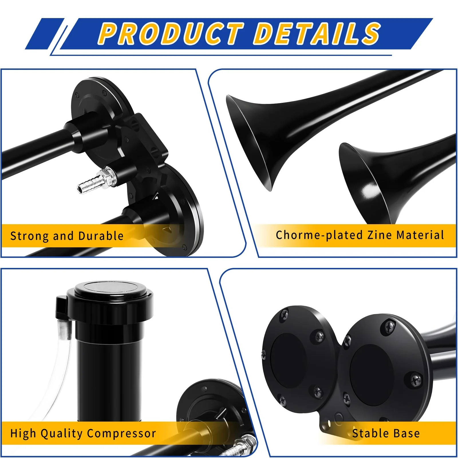 12V Dual Air Horn Kit with Super Loud Train and Truck Compressor System in Black - Image 2