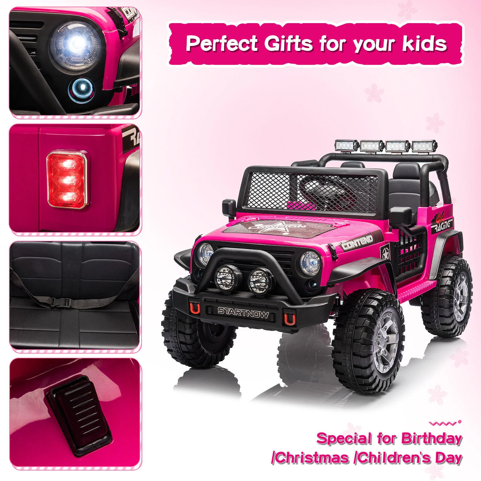 12V Pink Electric Ride-On Jeep for Kids with Bluetooth and Remote Control Battery-Powered Toy Car - Image 5