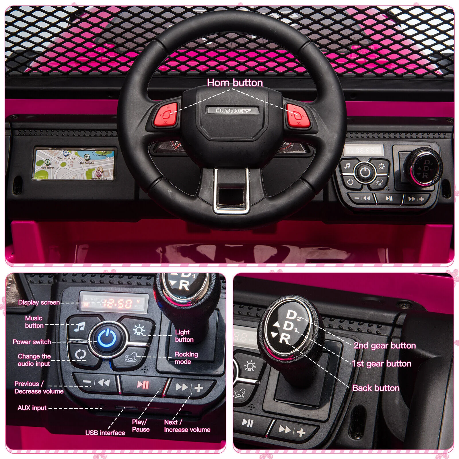 12V Pink Electric Ride-On Jeep for Kids with Bluetooth and Remote Control Battery-Powered Toy Car - Image 7