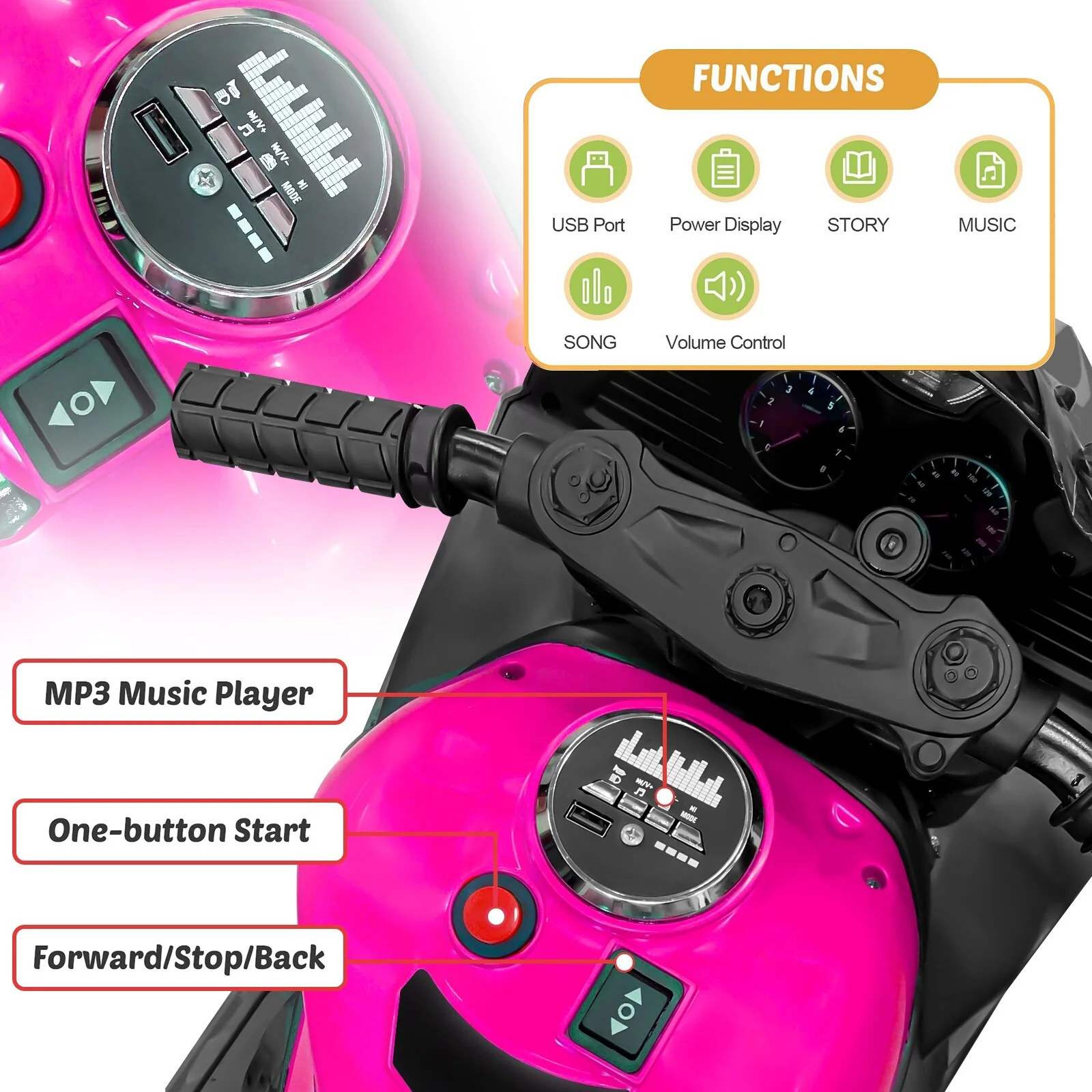 12V Electric Ride-On Motorcycle for Kids with Lights, Wheels, and Bluetooth Music - Image 7