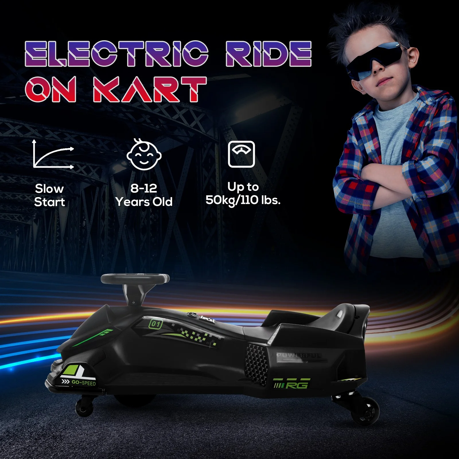 12V Electric Drifting Go-Kart with Slow Start, Music, and Lights in Black - Image 8