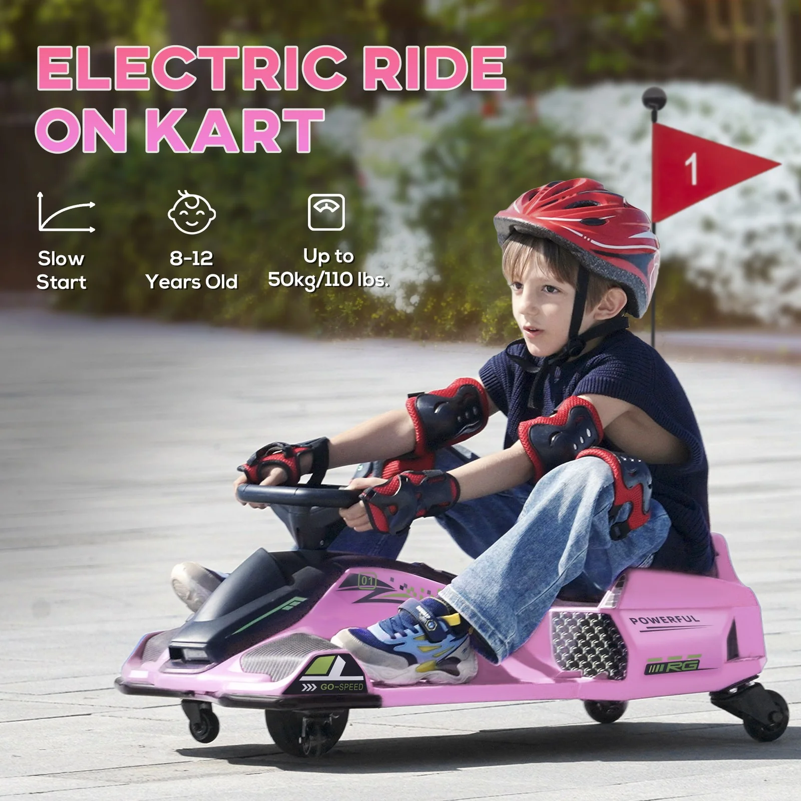 12V Electric Drifting Go Kart with Slow Start, Music, and Lights in Pink - Image 8