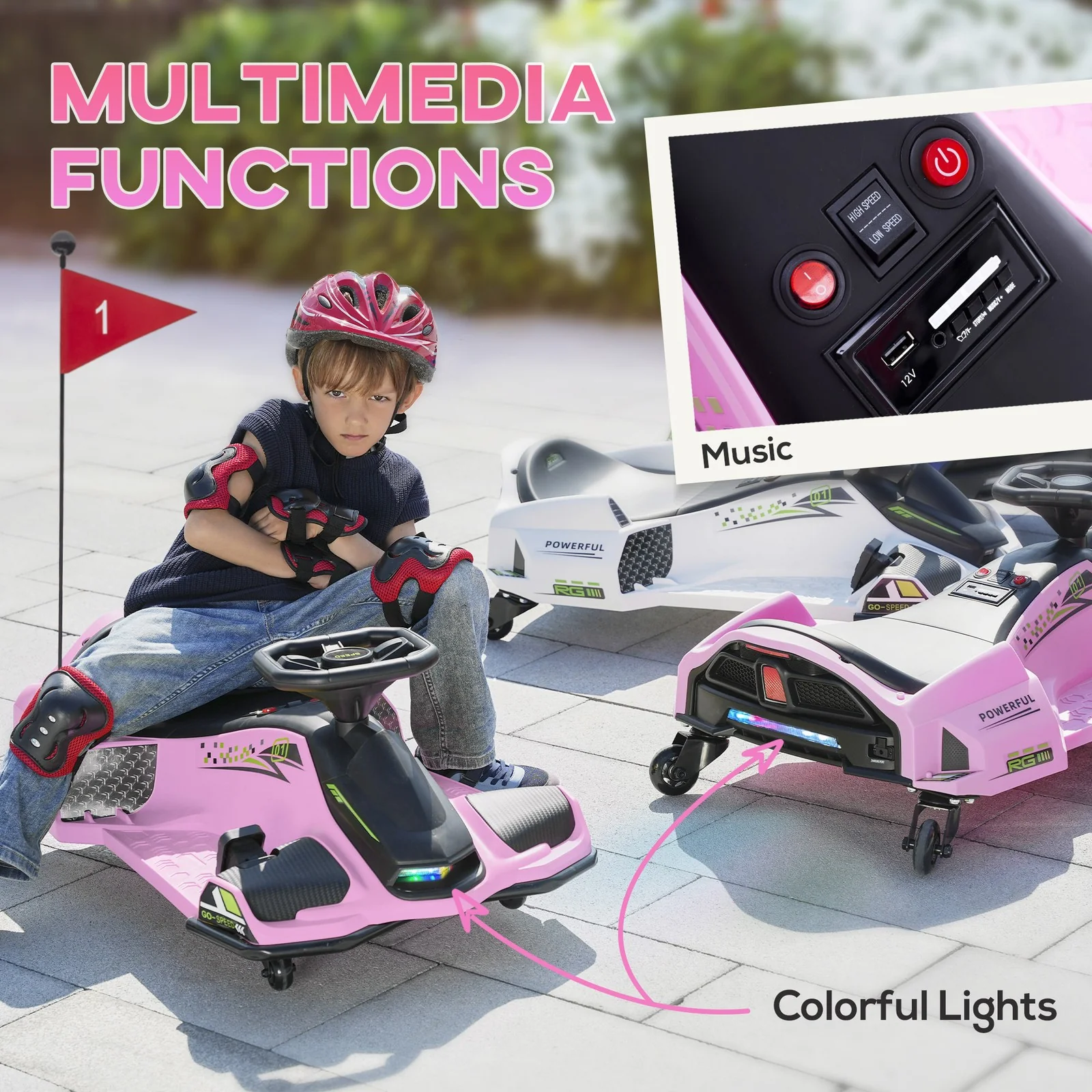 12V Electric Drifting Go-Kart with Slow Start, Music, Lights - Pink - Image 6