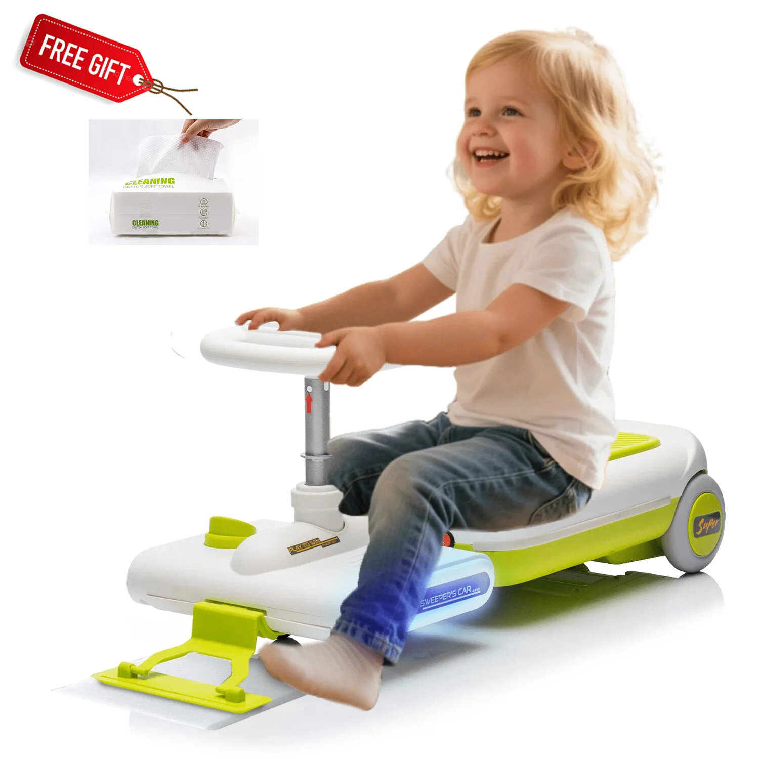 12V Electric Kids Ride-On Go Kart with LED Lights, Music, and Cleaning Mop – Green