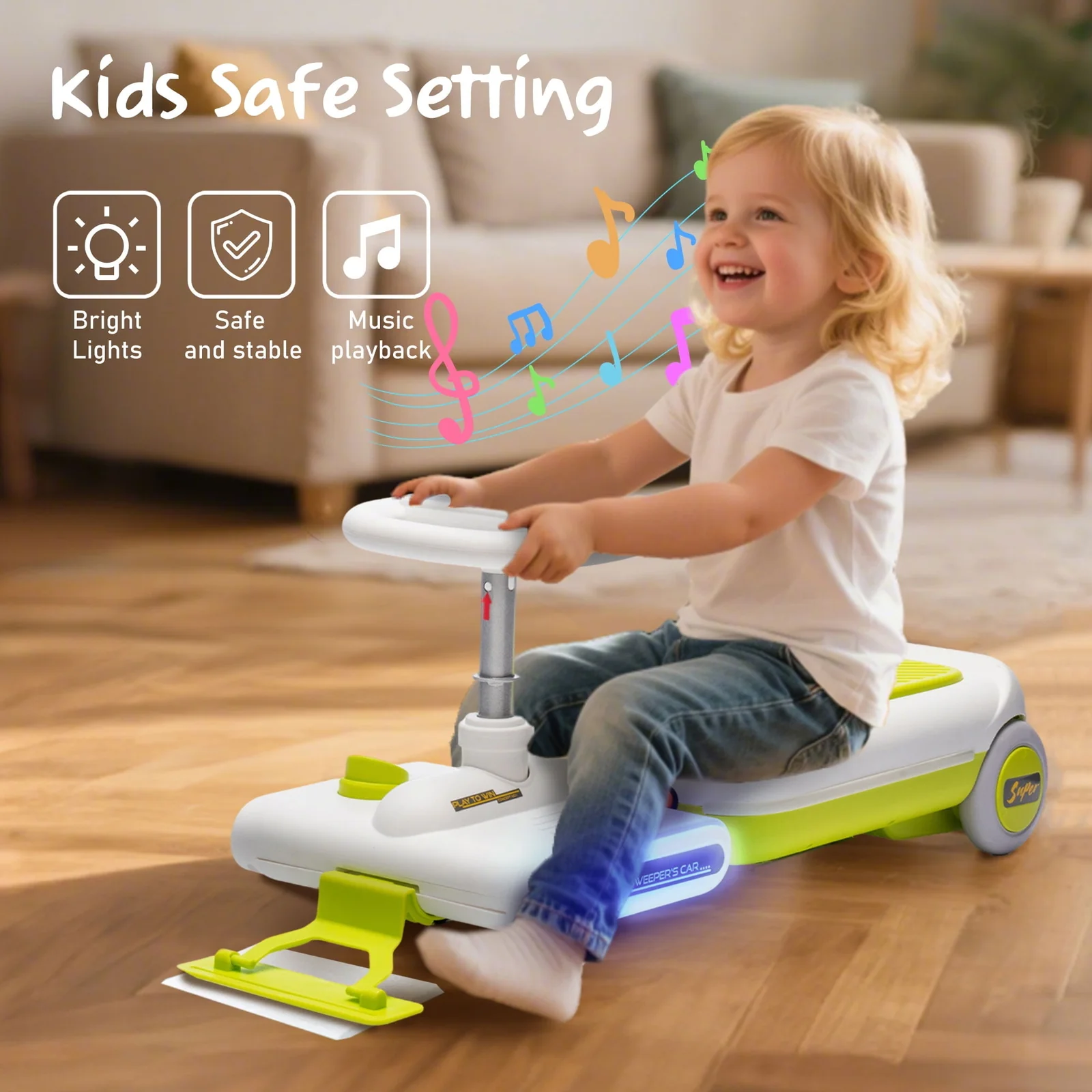 12V Electric Kids Ride-On Go Kart with LED Lights, Music, and Cleaning Mop – Green - Image 6