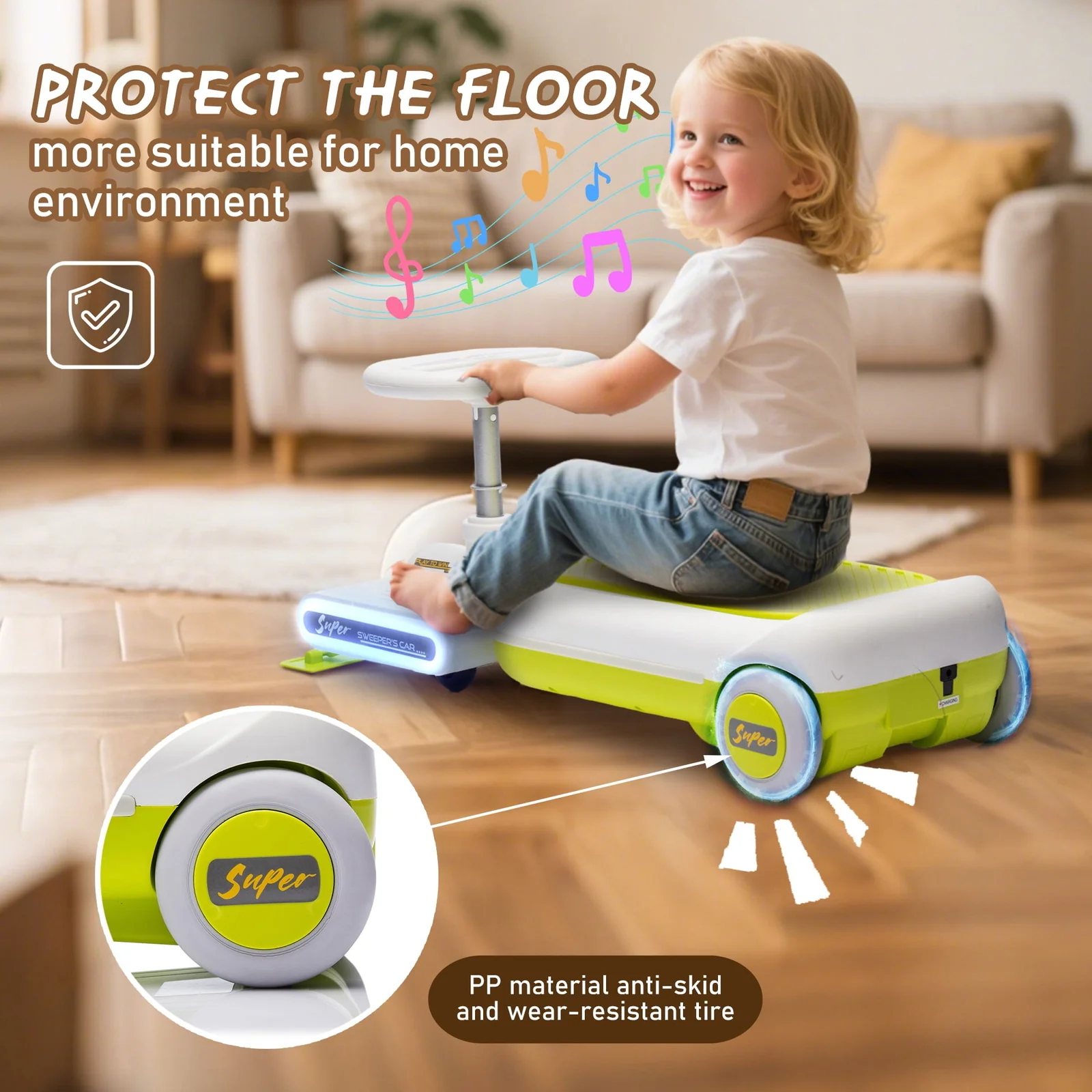 12V Electric Kids Ride-On Go Kart with LED Lights, Music, and Cleaning Mop – Green - Image 8
