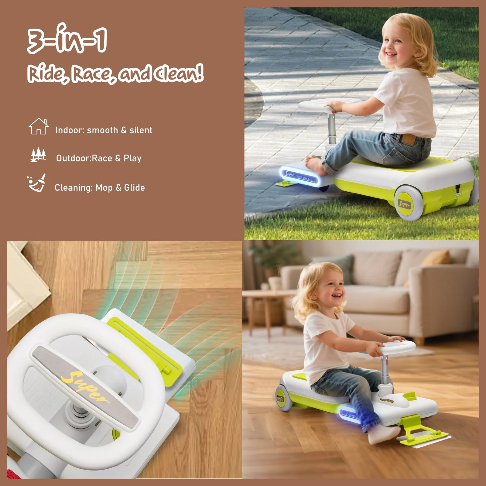 12V Electric Kids Go-Kart with LED Lights, Music, and Adjustable Length Ride-On Cleaning Car - Image 10