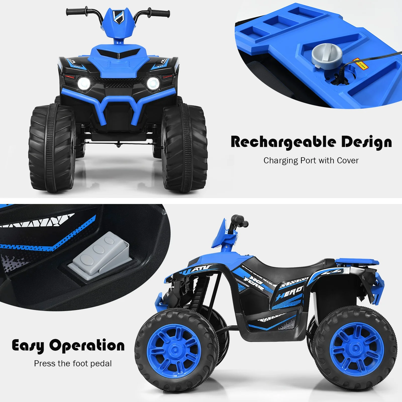 12V Electric Kids Ride-On ATV 4-Wheeler Quad with Music and LED Lights Navy - Image 8