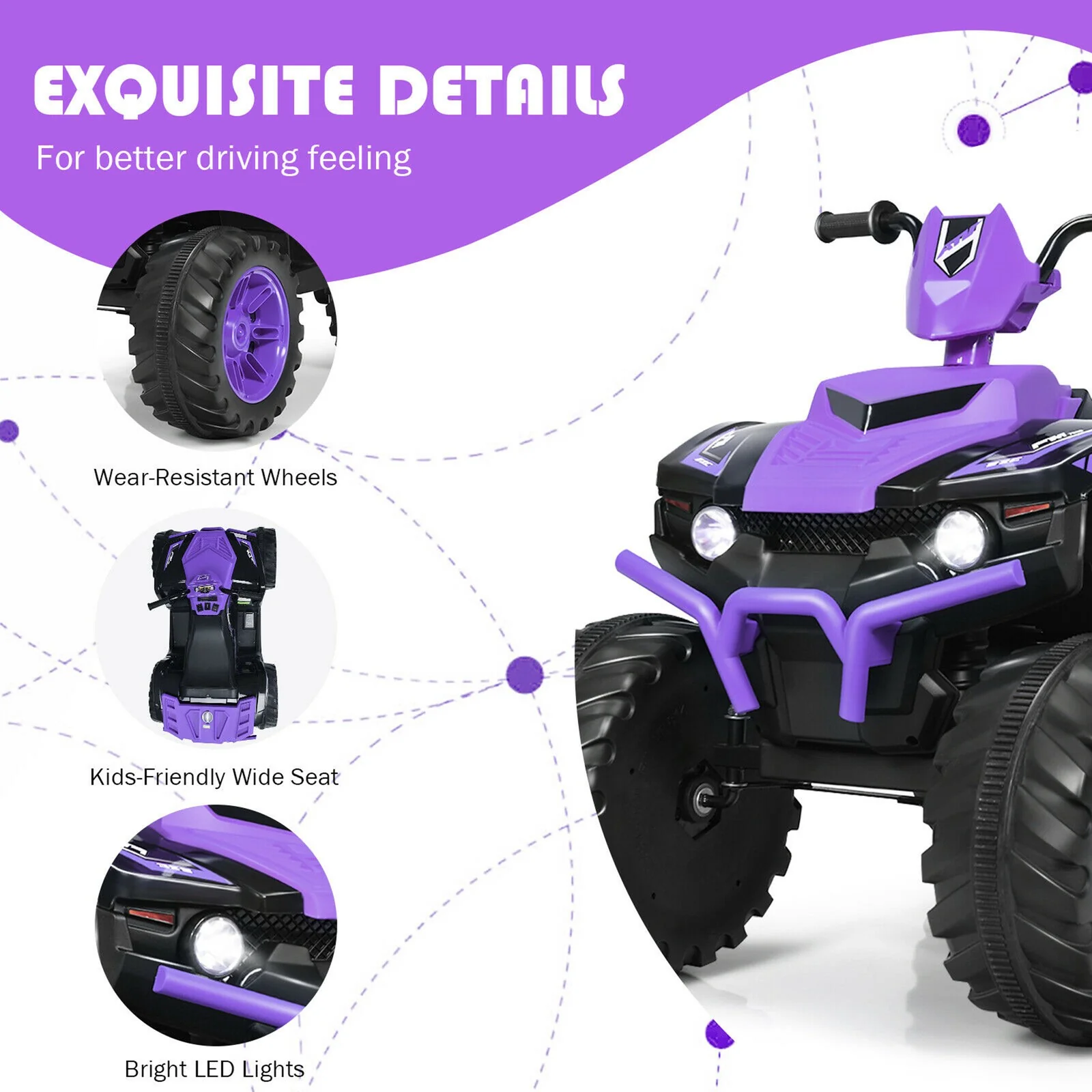 12V Electric Kids Ride-On ATV 4 Wheeler Quad with Music and LED Lights Purple - Image 6