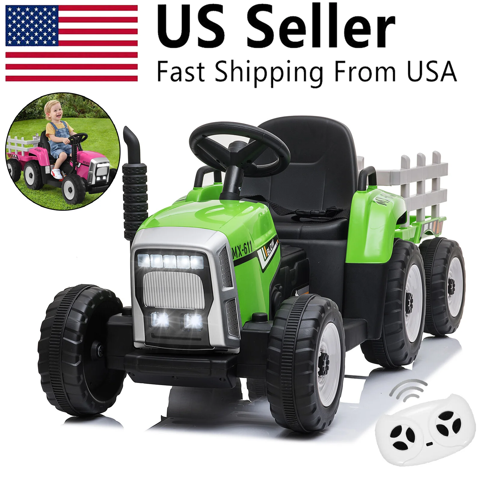 12V Electric Kids Ride On Tractor with Trailer Battery Powered Toy Car - Image 13