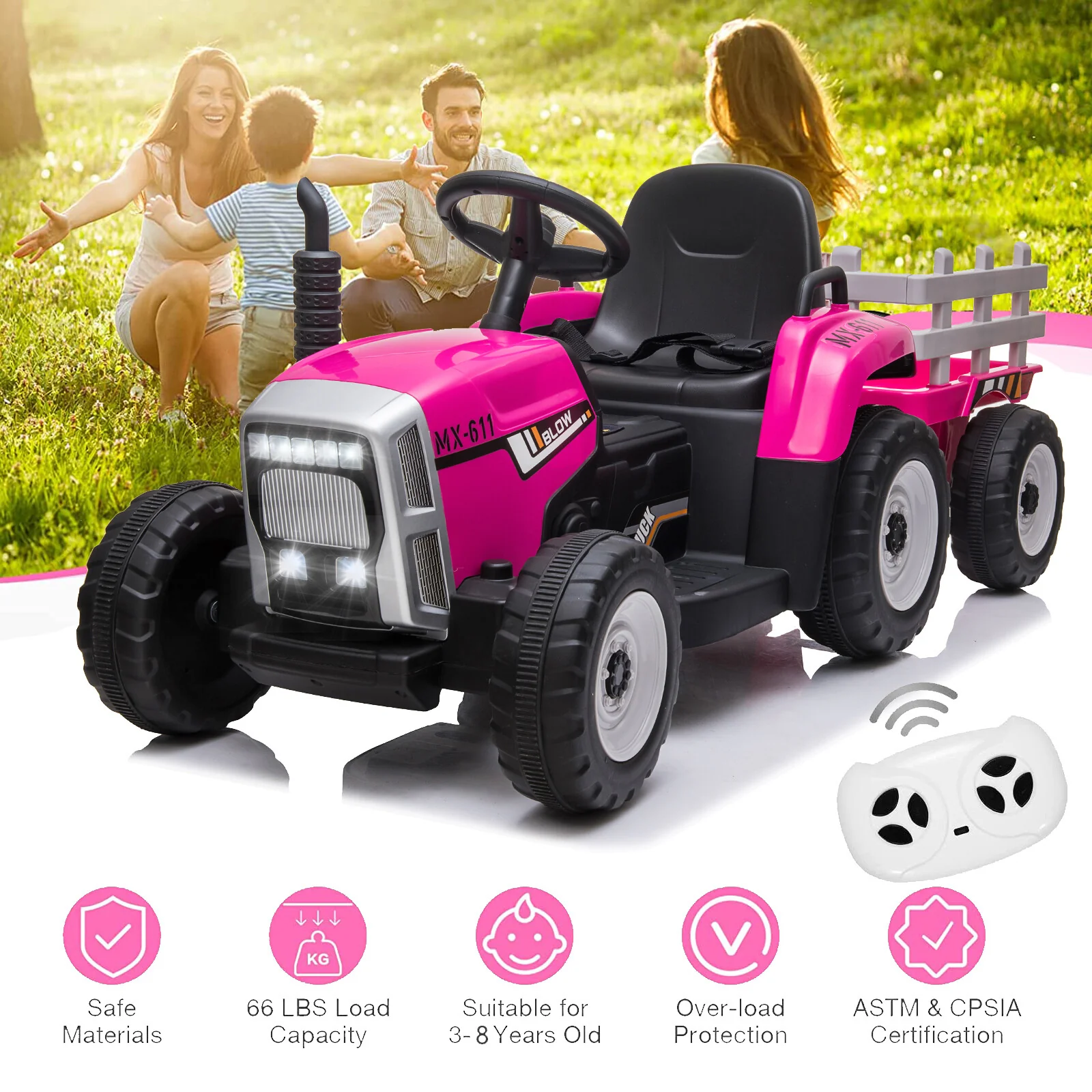 12V Electric Kids Ride On Tractor with Trailer Battery Powered Toy Car - Image 2