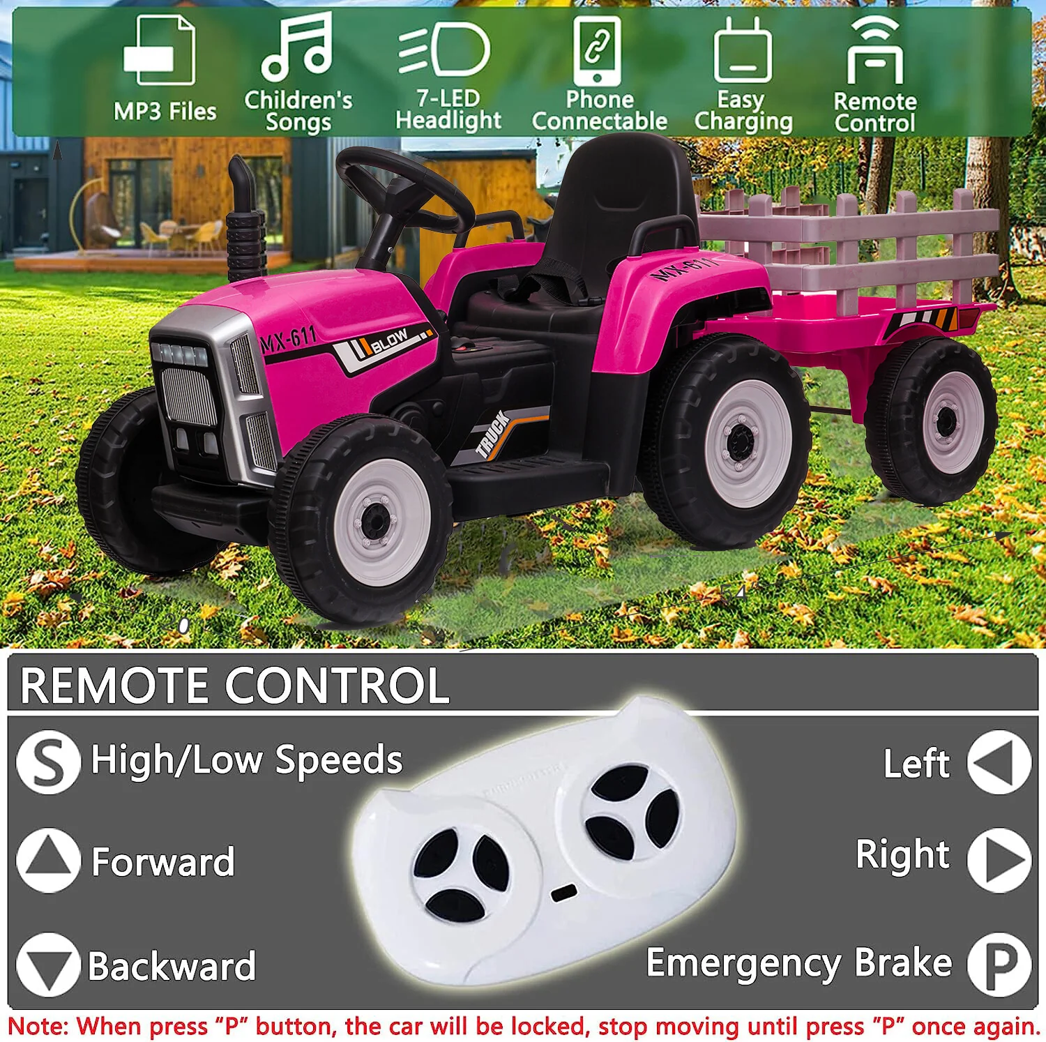 12V Electric Kids Ride On Tractor with Trailer Battery Powered Toy Car - Image 3