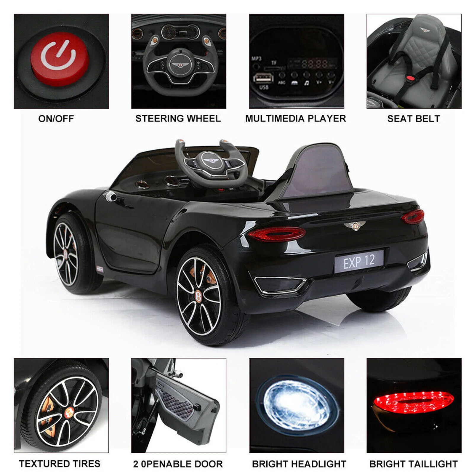 12V Electric Kids Ride-On Car with Remote Control and LED Lights Bentley Style Toy Gift - Image 7