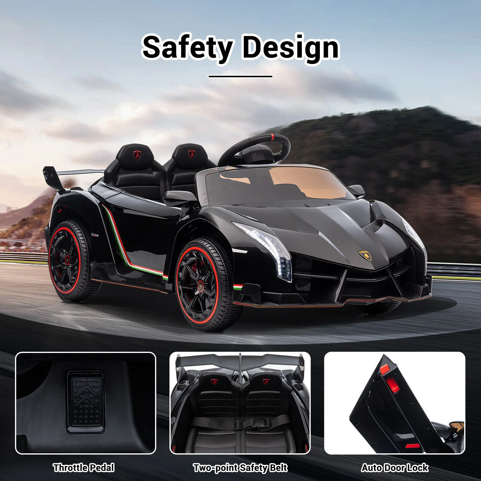 12V Electric Kids Ride-On Car in Black with Licensed Lamborghini Veneno Design - Image 2