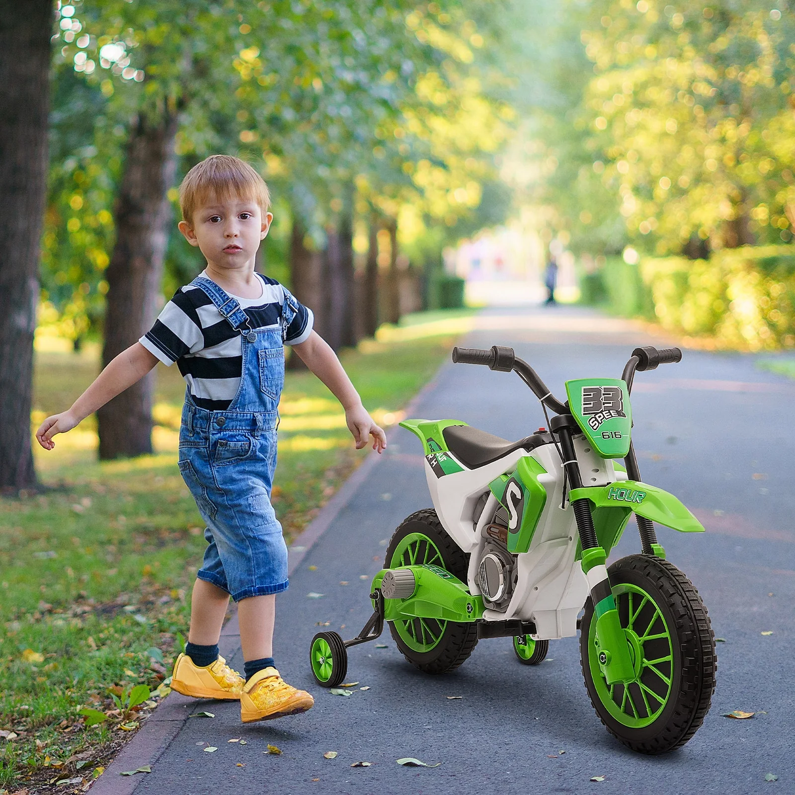 12V Electric Kids Ride-On Dirt Bike Motorcycle Toy with Training Wheels Green - Image 2