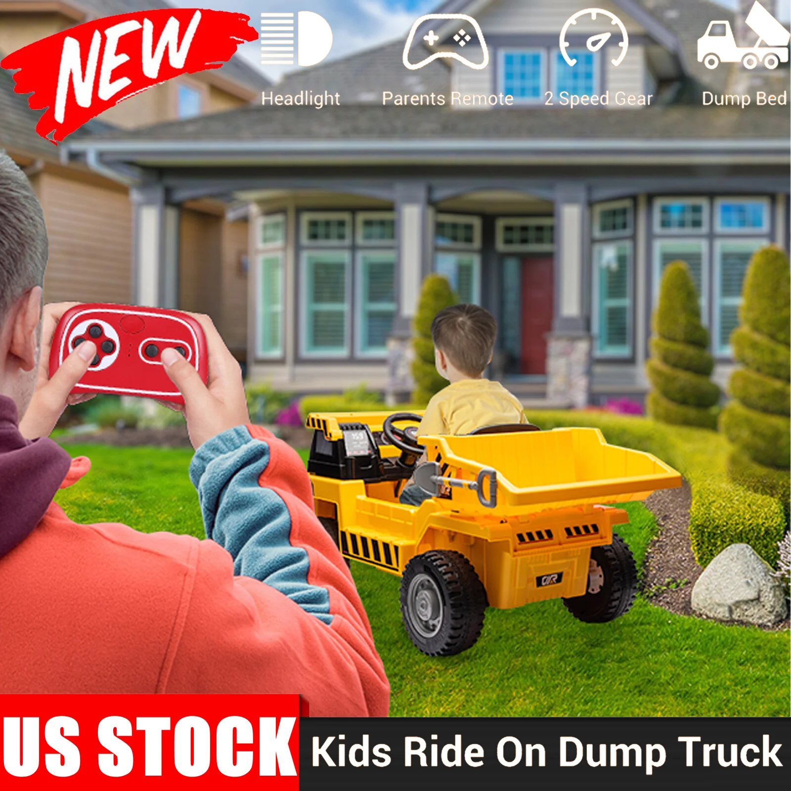 12V Electric Kids Ride-On RC Dump Truck Construction Tractor with Functional Electric Bucket