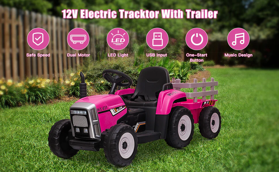 12V Electric Battery-Powered Kids Ride-On Tractor with Trailer Toy - Image 8