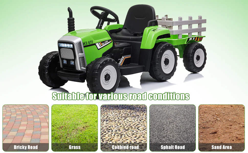 12V Electric Kids Ride On Tractor with Trailer and LED Lights, Battery Powered Toy - Image 12