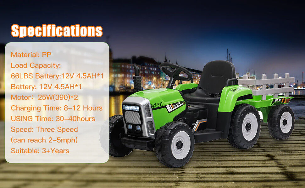 12V Electric Kids Ride On Tractor with Trailer - Battery Powered Car Toy for Christmas - Image 15