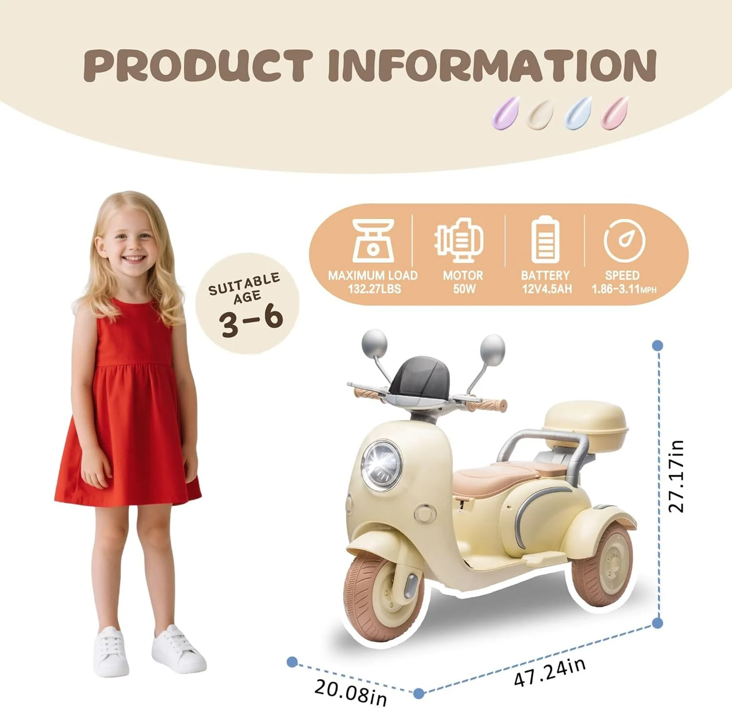 12V Electric 3-Wheel Ride-On Motorcycle Tricycle for Kids Ages 3-6 with 1.86-3.11 MPH Speed - Image 22
