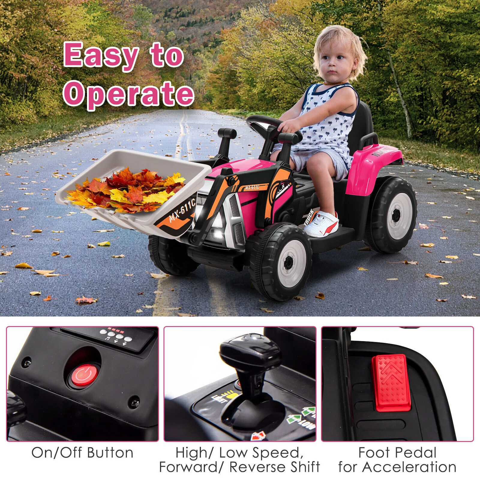 12V Electric Pink Excavator Digger Tractor with RC Control and Digging Bucket for Kids - Image 10