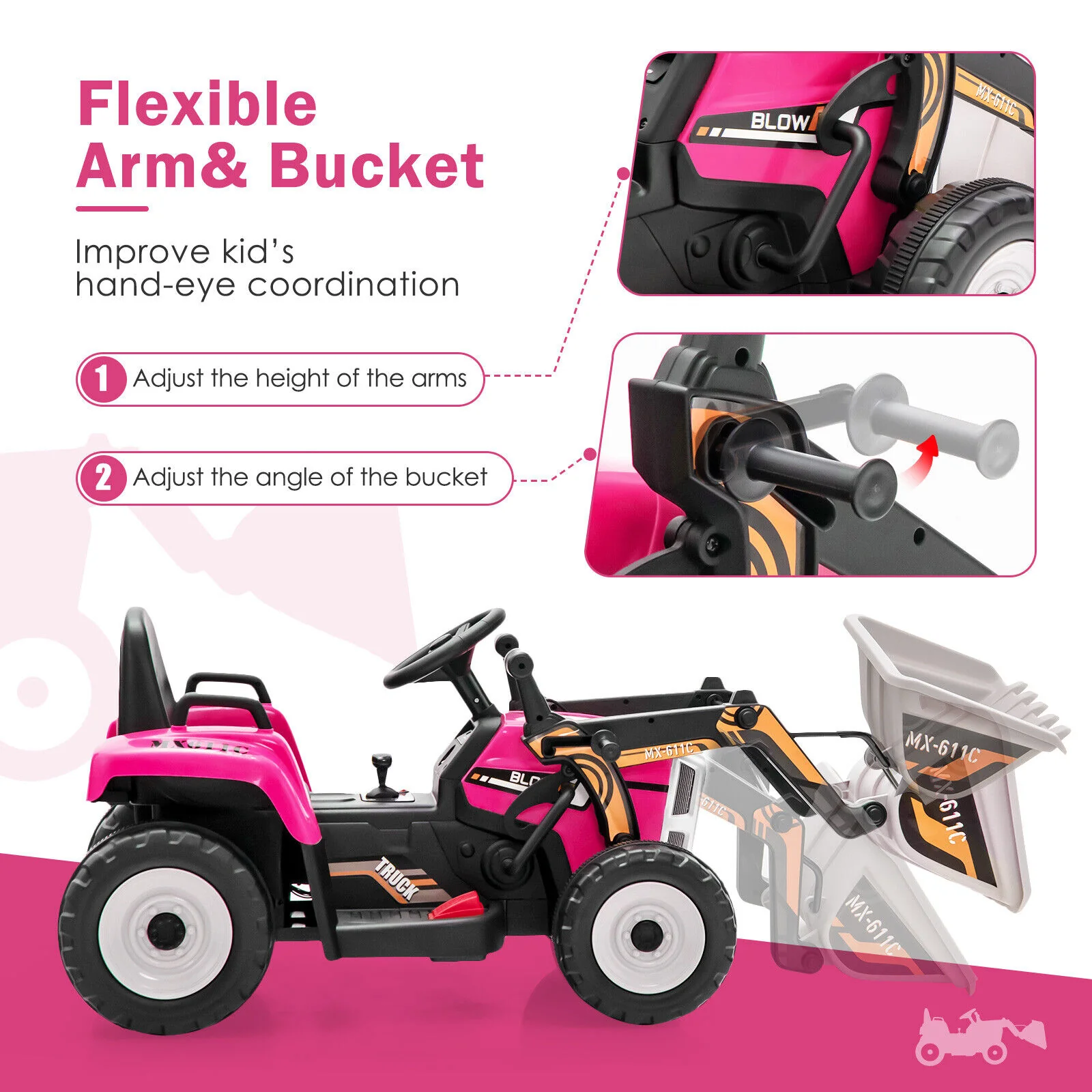 12V Electric Pink Excavator Digger Tractor with RC Control and Digging Bucket for Kids - Image 5