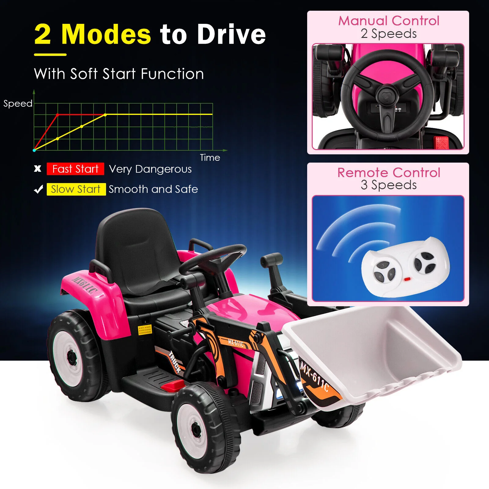 12V Electric Pink Excavator Digger Tractor with RC Control and Digging Bucket for Kids - Image 6