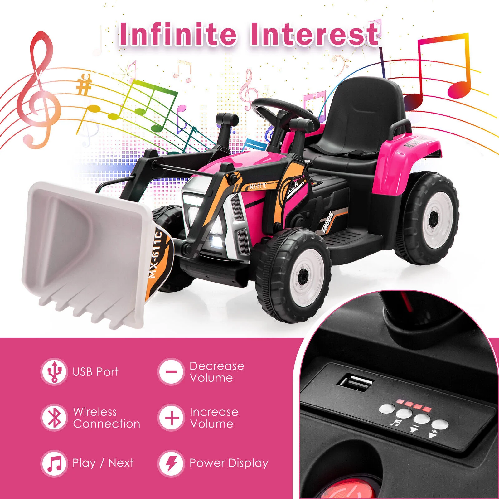 12V Electric Pink Excavator Digger Tractor with RC Control and Digging Bucket for Kids - Image 7