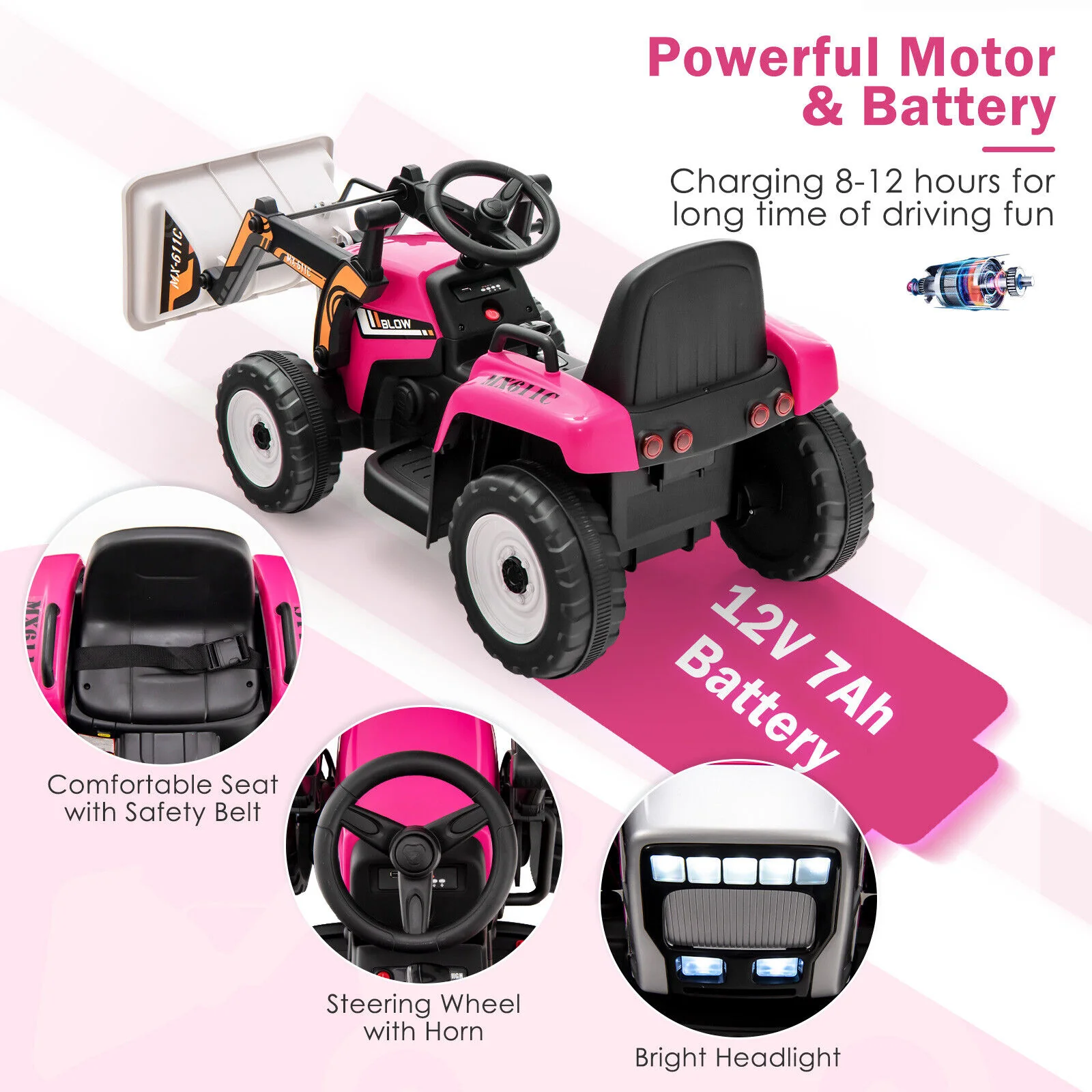 12V Electric Pink Excavator Digger Tractor with RC Control and Digging Bucket for Kids - Image 9