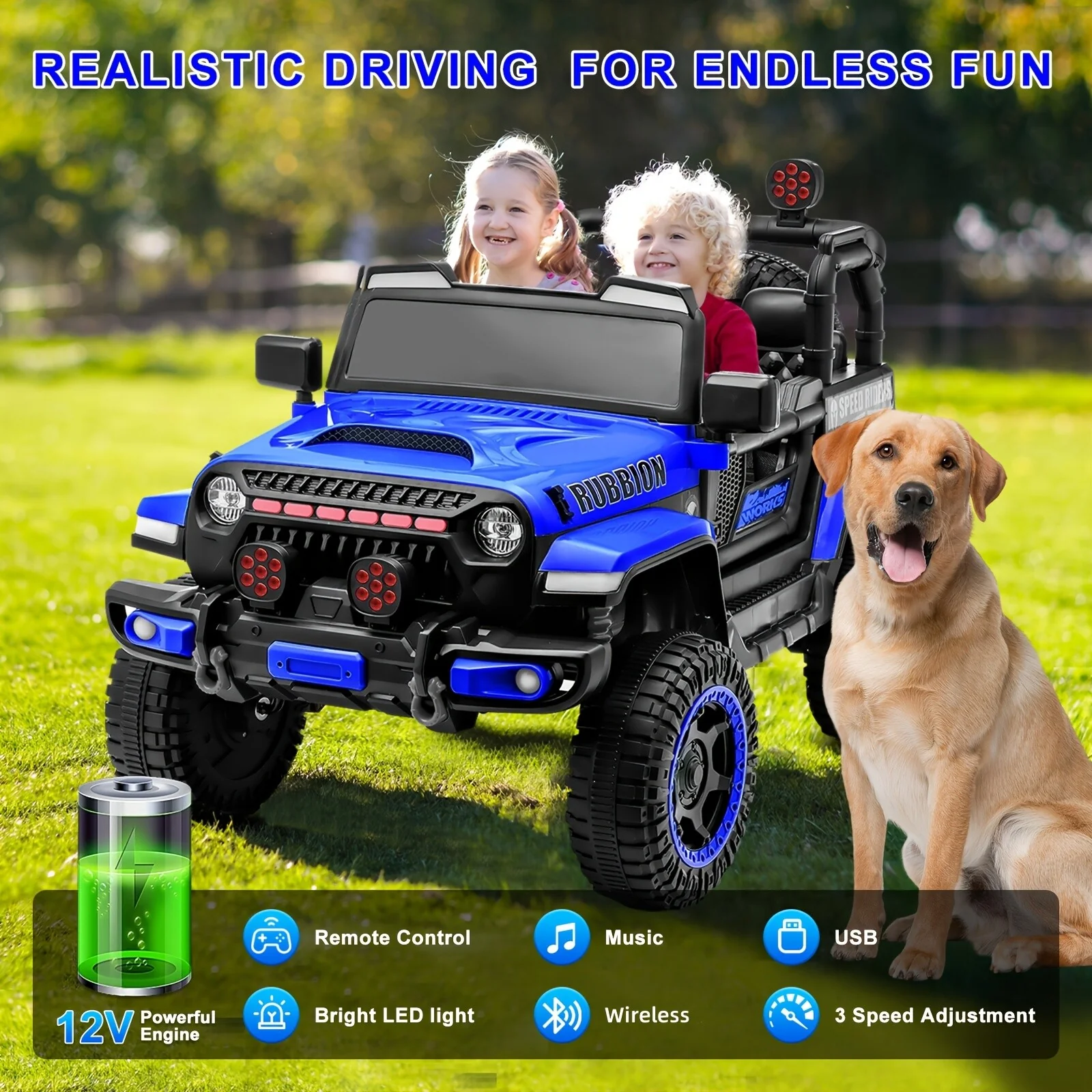 12V Electric Ride-On Car for Kids with Remote Control, Music, LED Lights, and 3 Speeds – Blue - Image 7