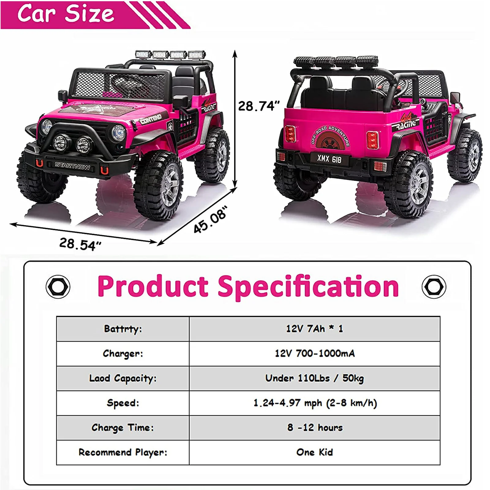 12V Electric Ride-On Jeep Truck for Kids with Remote Control and USB Charging Pink - Image 5