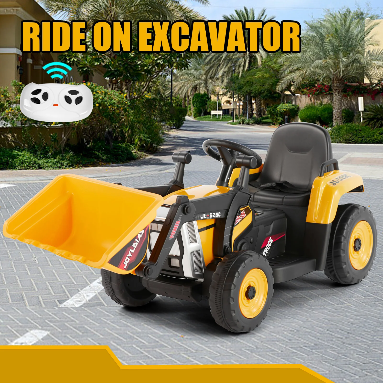 12V Electric Ride-On Excavator Digger with 3 Speeds Bluetooth Music Lights and Remote Control Yellow