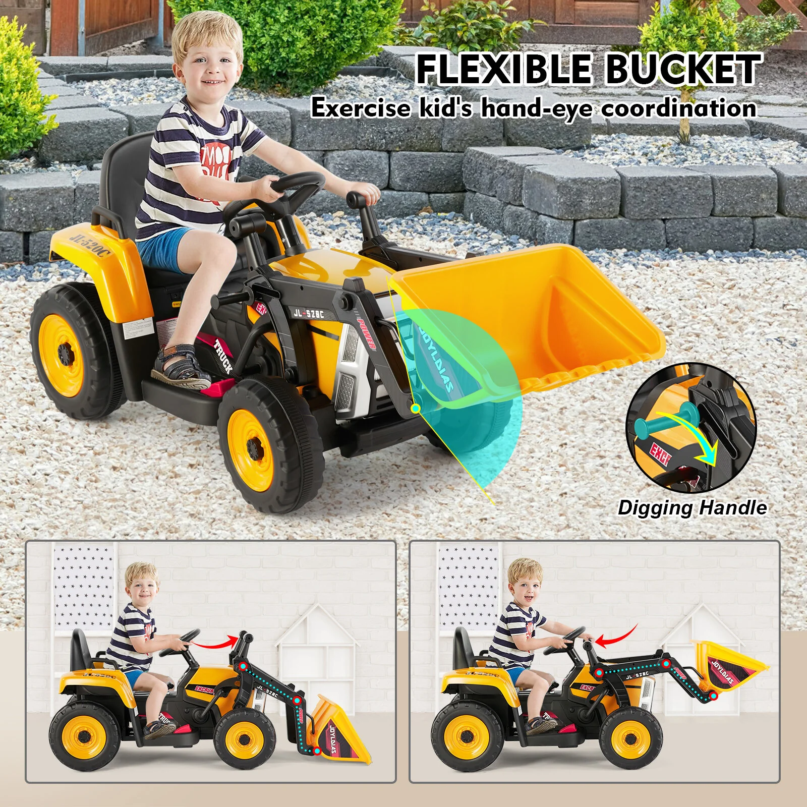 12V Electric Ride-On Excavator Digger with 3 Speeds Bluetooth Music Lights and Remote Control Yellow - Image 4