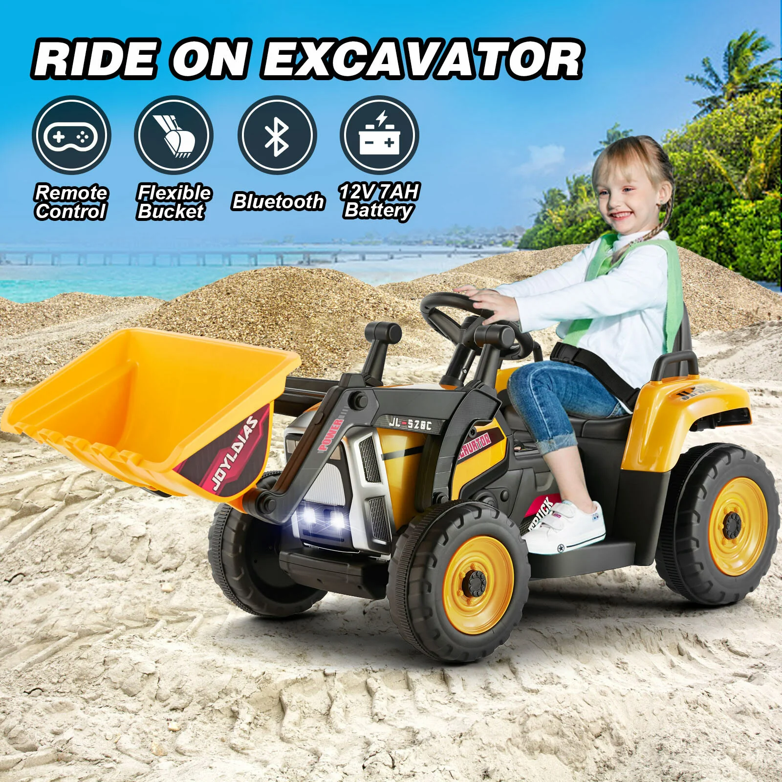 12V Electric Ride-On Excavator Digger with 3 Speeds Bluetooth Music Lights and Remote Control Yellow - Image 5