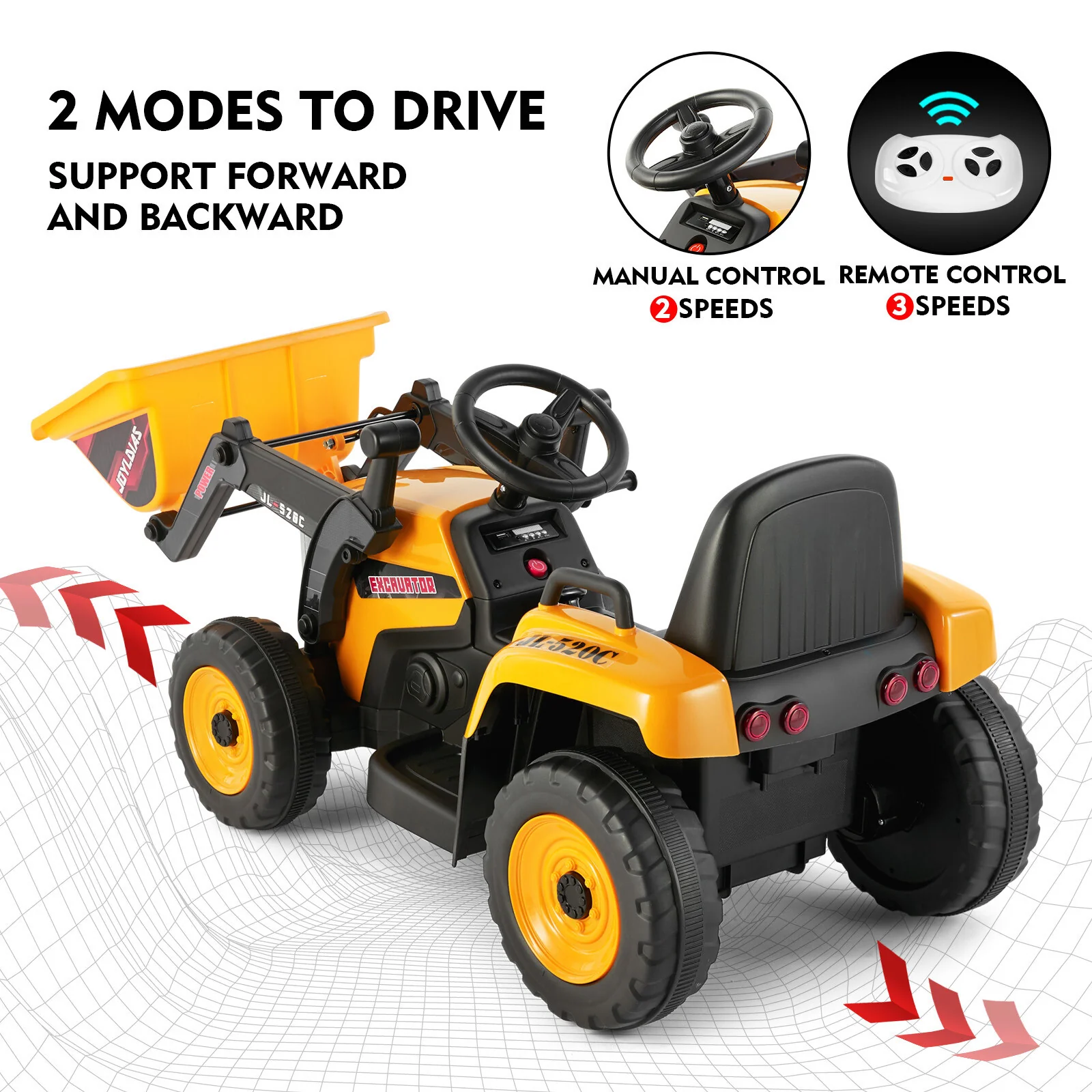 12V Electric Ride-On Excavator Digger with 3 Speeds Bluetooth Music Lights and Remote Control Yellow - Image 7
