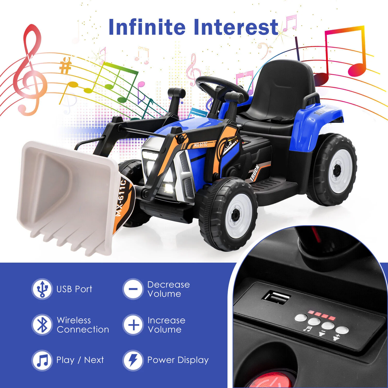12V Electric Ride-On Excavator Digger Tractor with RC Control and Digging Bucket - Blue - Image 5