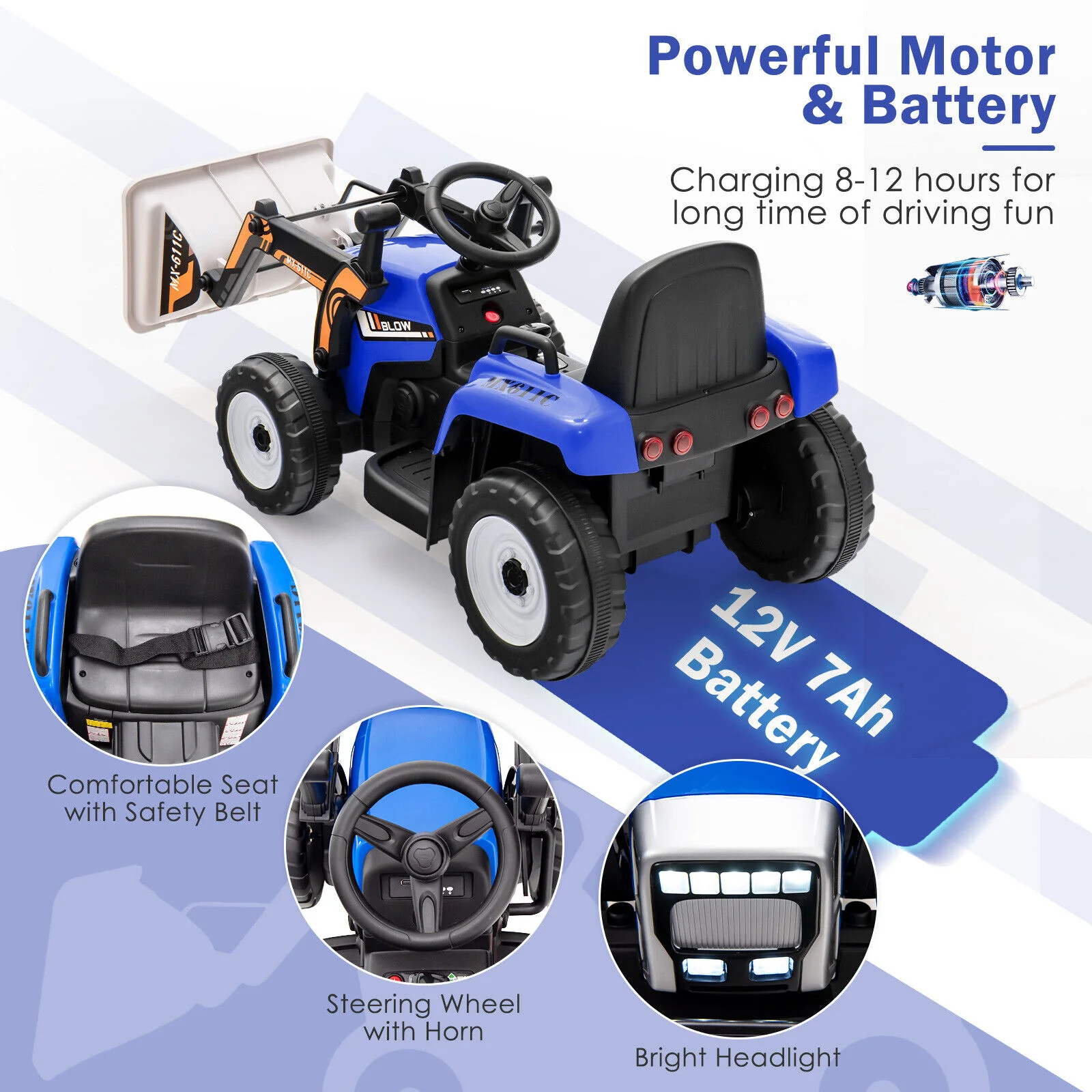 12V Electric Ride-On Excavator Digger Tractor with RC Control and Digging Bucket - Blue - Image 7