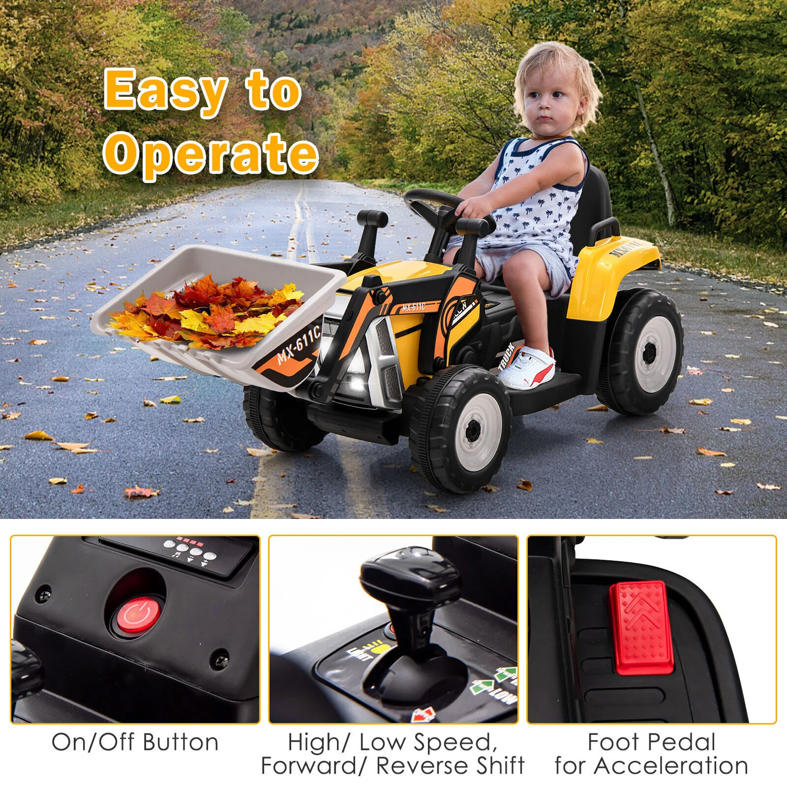 12V Electric Ride-On Excavator Digger Tractor with RC Control and Digging Bucket - Yellow - Image 10