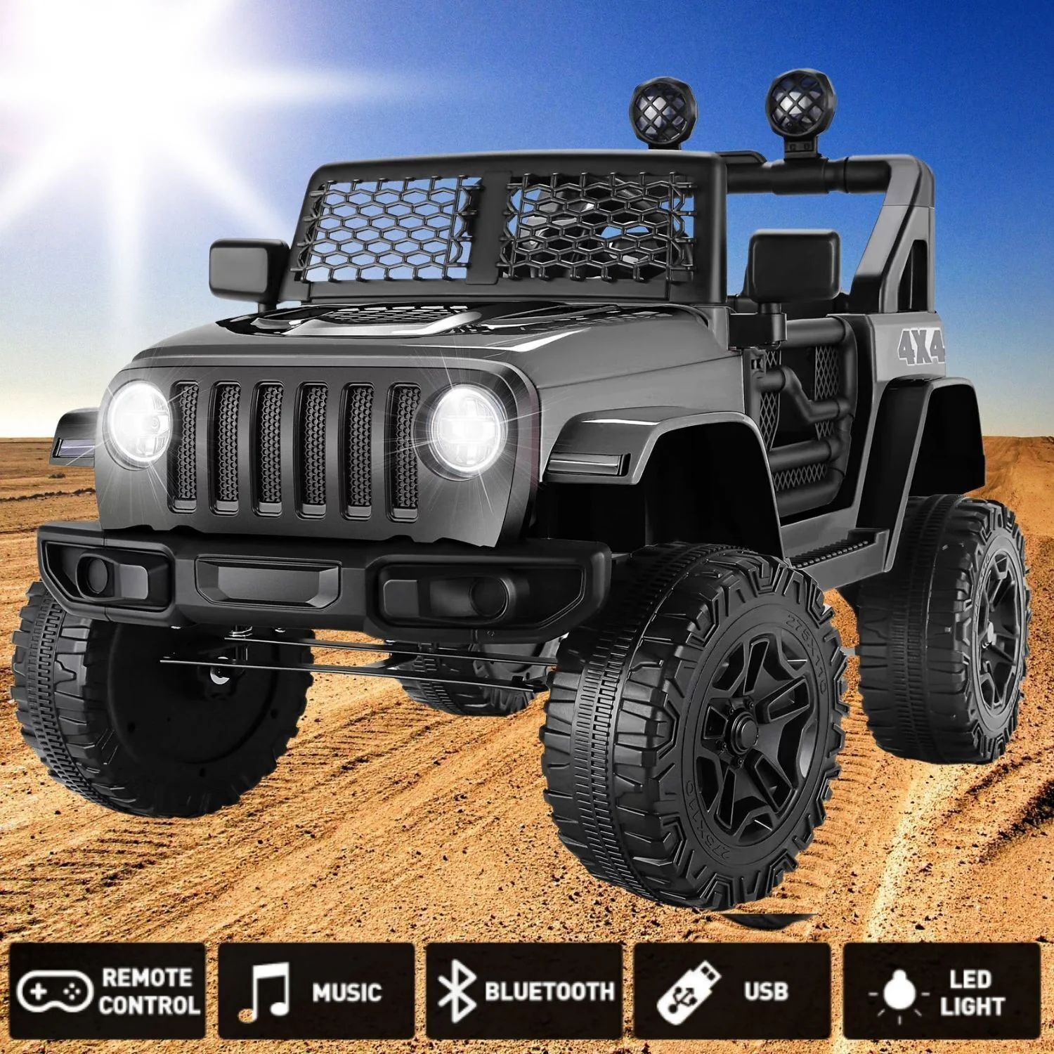 12V Electric Ride-On Jeep Car for Kids with LED Lights, MP3 Player, Remote Control, and 3 Speeds - 7AH Battery Powered - Image 4