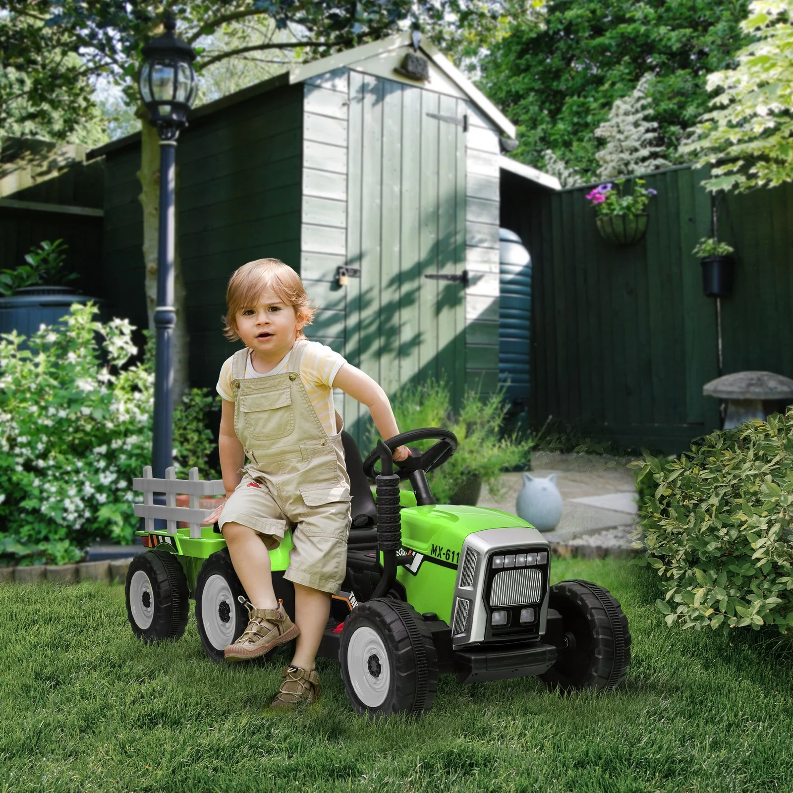 12V Electric Ride-On Tractor with Trailer and 25W Dual Motors in Green - Image 9