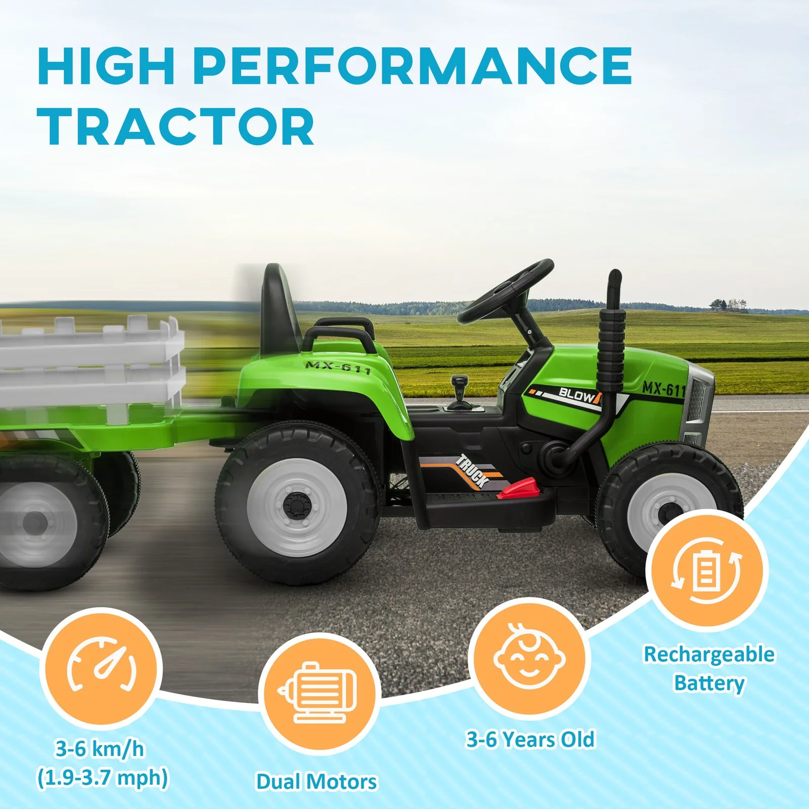 12V Electric Ride-On Tractor with Trailer, 25W Dual Motors, Green - Image 10