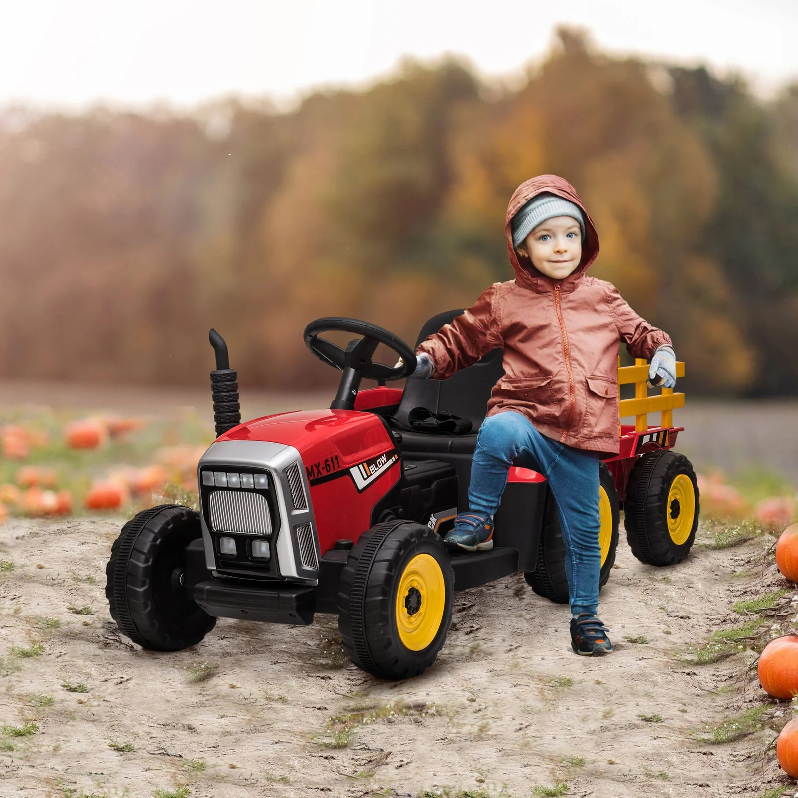 12V Electric Ride-On Tractor with Trailer, 25W Dual Motors, Red