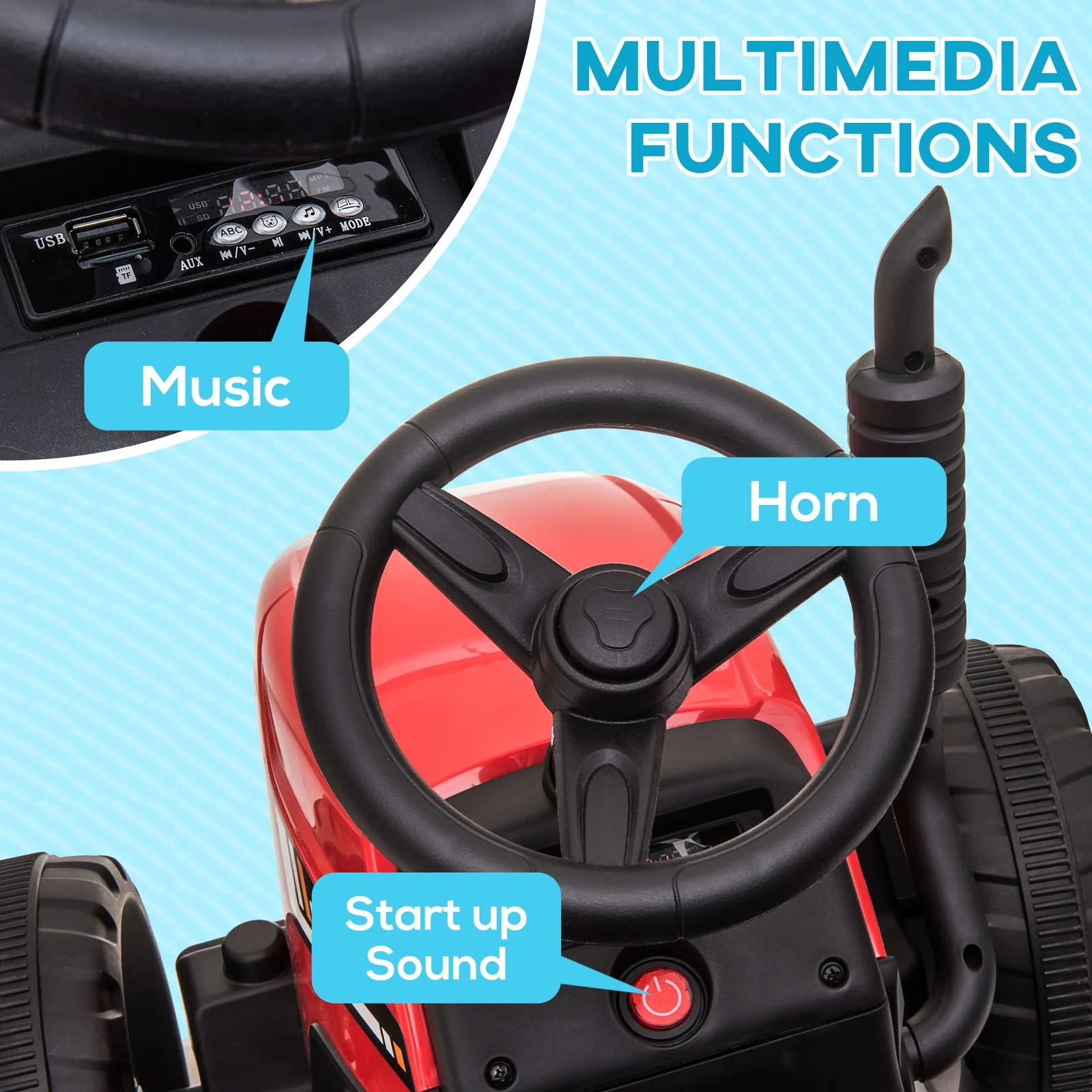 12V Electric Ride-On Tractor with Trailer, 25W Dual Motors, Red - Image 7