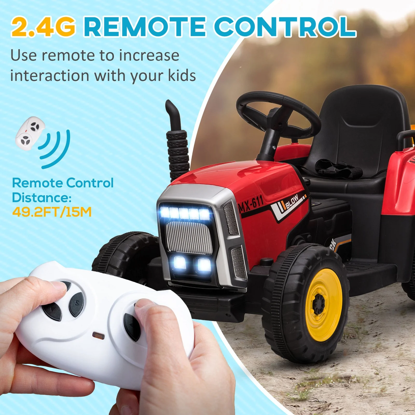 12V Red Electric Ride-On Tractor with Trailer and 25W Dual Motors - Image 6