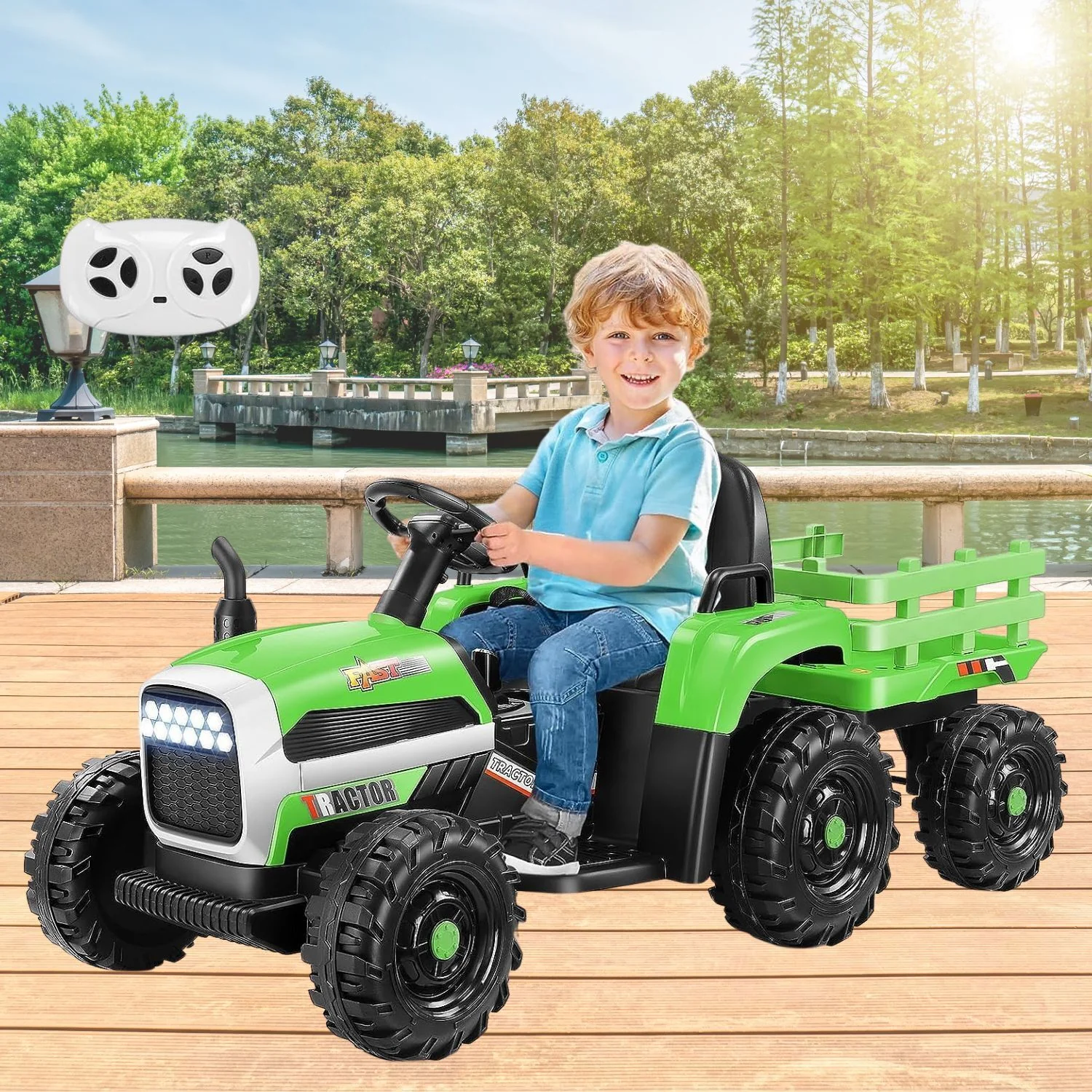 12V Electric Ride-On Tractor with Trailer for Kids - Remote Controlled Toy Car - Image 7