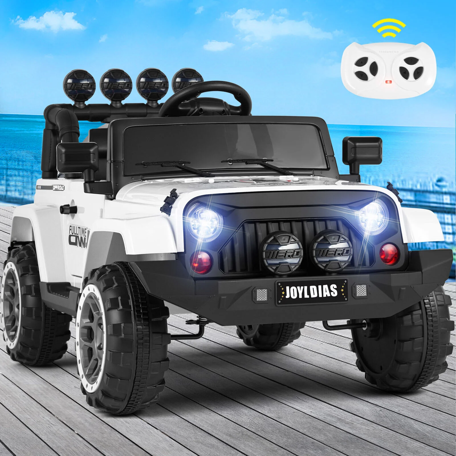 12V Electric Ride On Truck for Kids with Storage, LED Lights, MP3 Player, Bluetooth, and Remote Control - White - Image 2